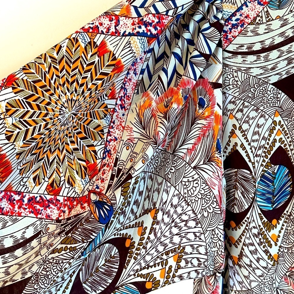 Umgee Tan/Multicolor Bohemian Print Bishop Sleeves Dress with Tassle Ties Sz L - Picture 11 of 14